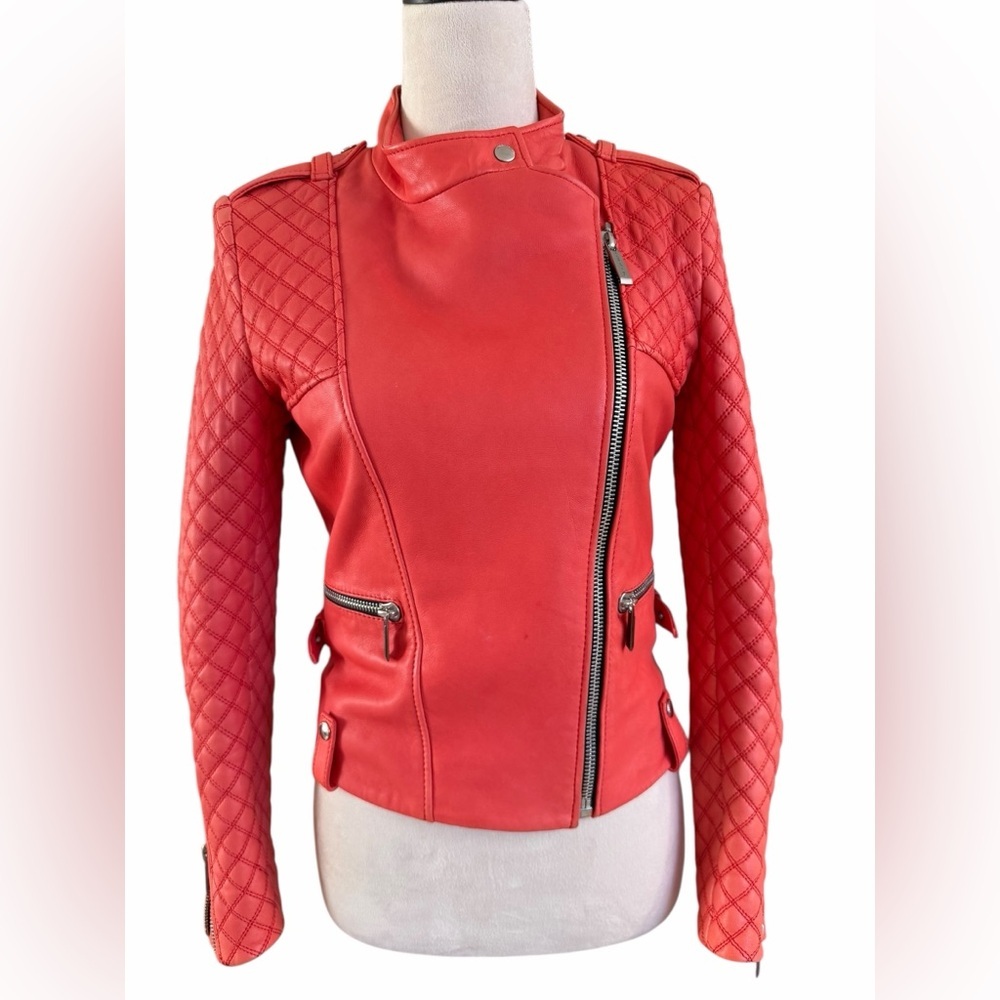 Barbara Bui RARE Coral Lambskin Leather Quilted Sleeves Moto Jacket - Picture 2 of 12